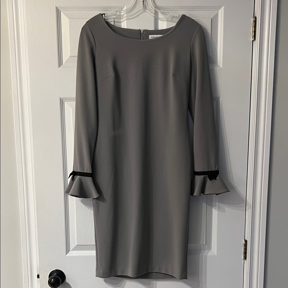 Calvin Klein Gray Long Sleeve Dress with Ruffle Cuffs